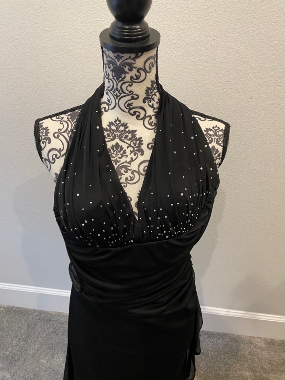 Black Halter sequined Evening Gown with Bead Detail Betsy ADam - Picture 2 of 6